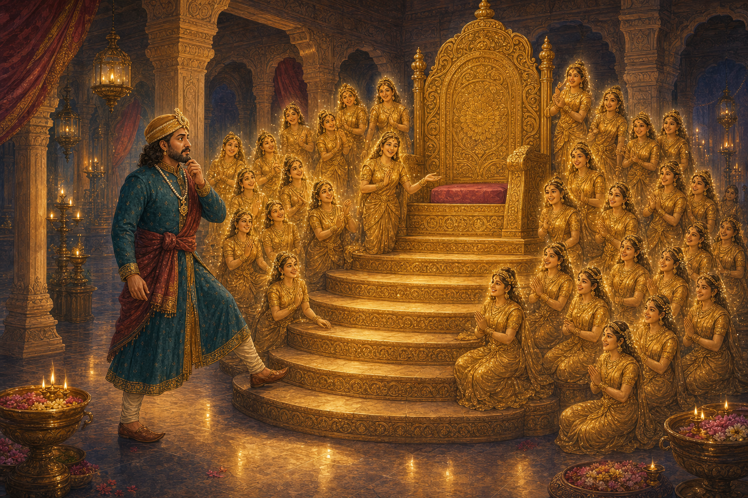The thirty-two guardians awaken and laugh as King Bhoj pauses before the throne