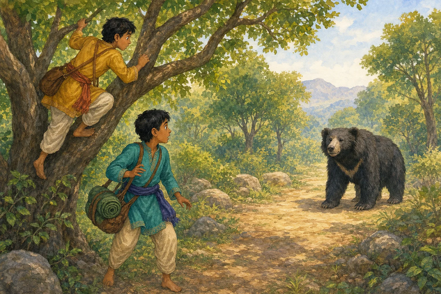 Arjun climbs a tree without warning while Ravi is left standing alone facing the bear