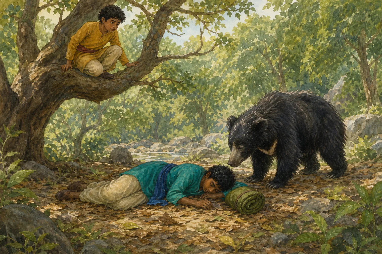 The bear sniffs around Ravi's head and shoulders as he lies perfectly still on the ground