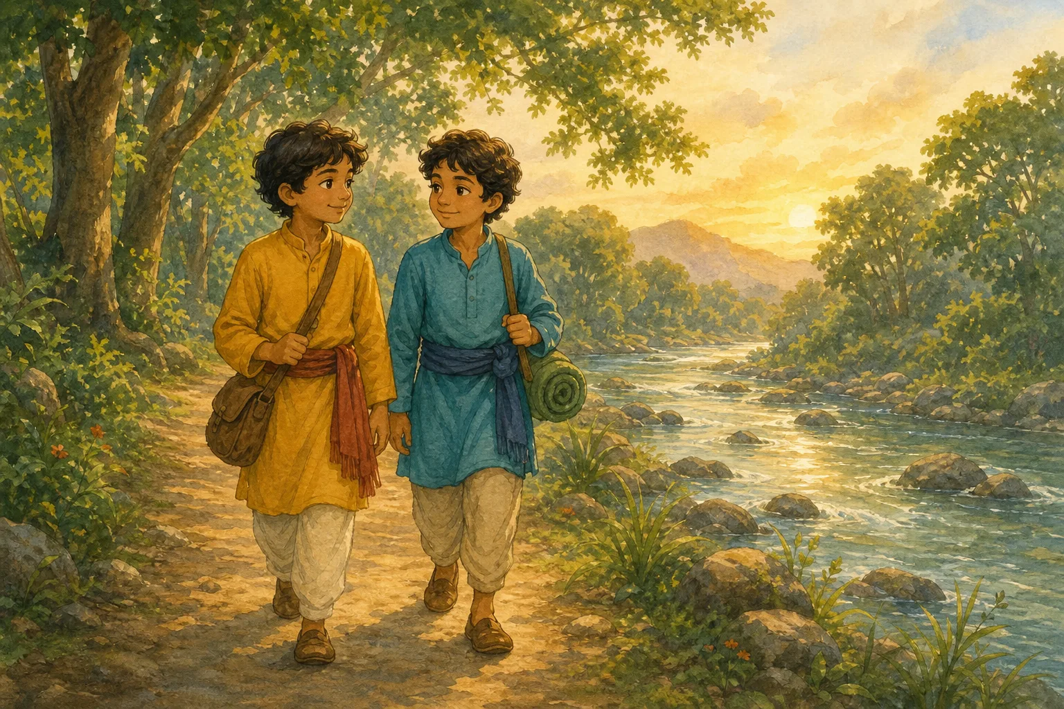 Arjun and Ravi walk on together along the forest path after reconciling