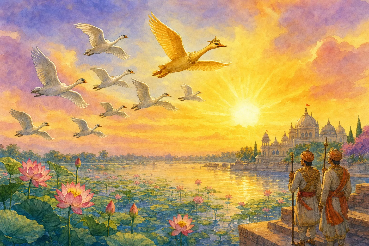 The elderly swan leads the golden flock away from Lotus Lake as the king's guards approach