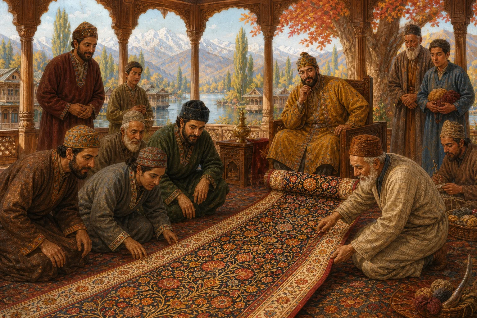 Hamid unrolls his magnificent woven cloth across the ruler's hall as courtiers and craftspeople admire its colours