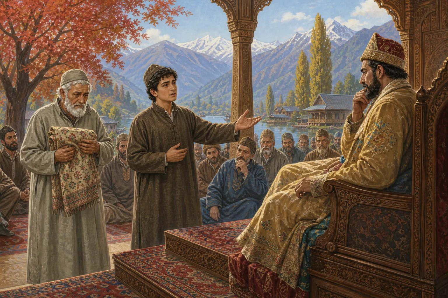 Adil appeals courageously before the ruler while the anxious weaver stands beside him holding the folded cloth