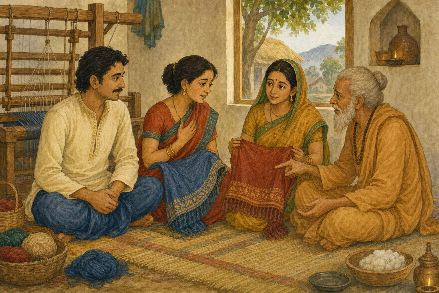 The weaver's wife slips through the doorway just as Meera, wearing the blue shawl at the loom, struggles to answer the weaver's questions