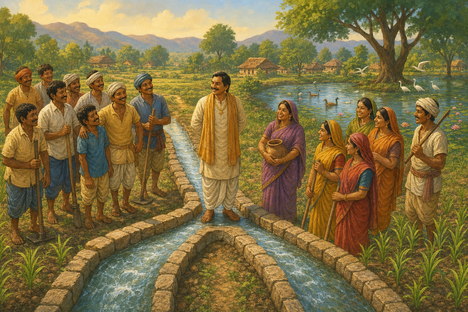 Water flows evenly in two directions from the repaired canal as both communities celebrate