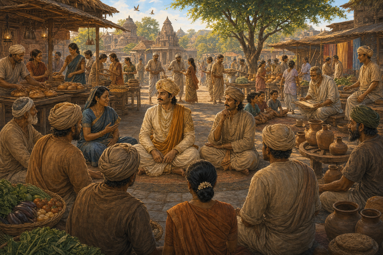 The market thrives again in daylight as the king listens to a council of townspeople