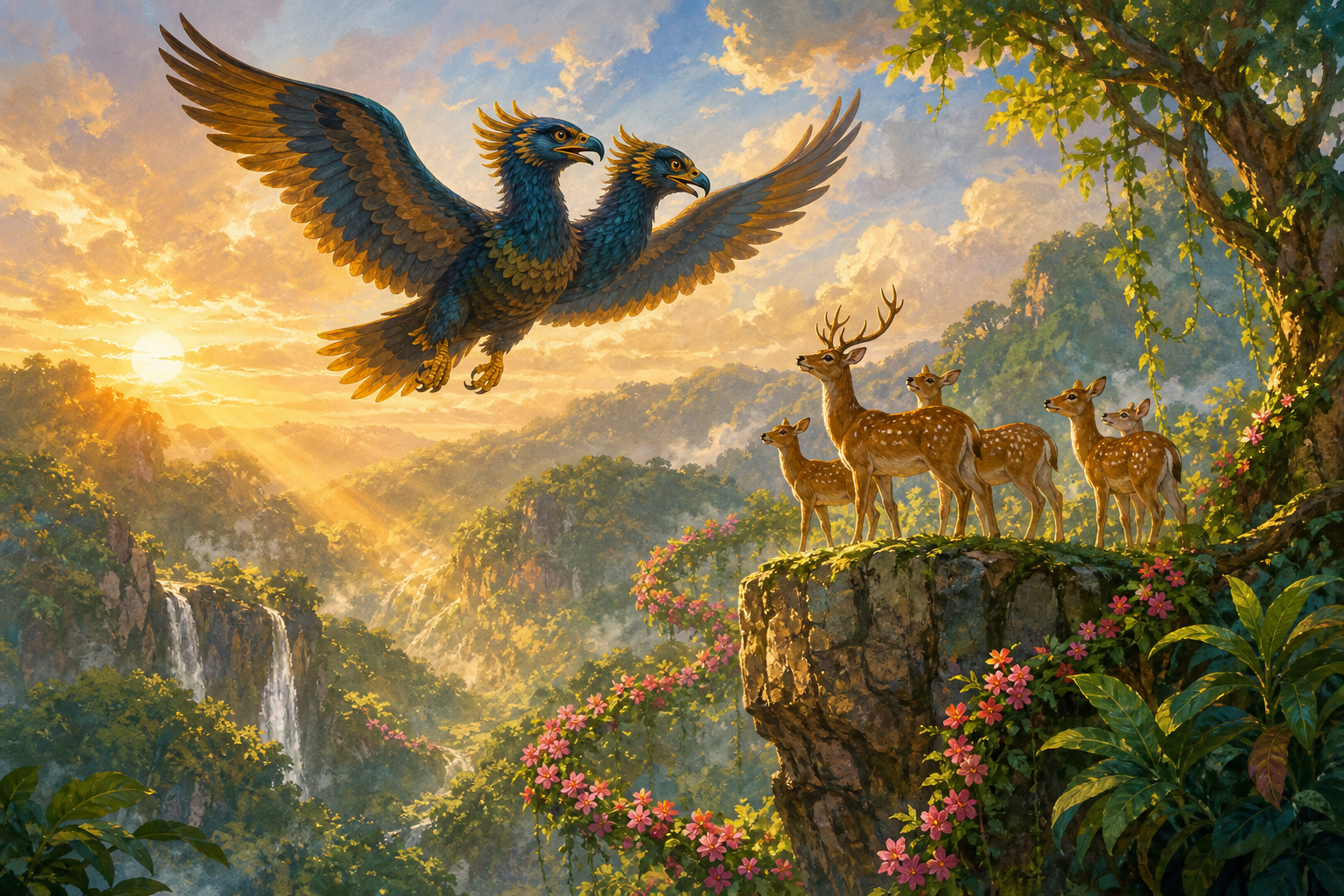After the storm, the Bherunda glides peacefully above the rescued deer on the safe rock shelf