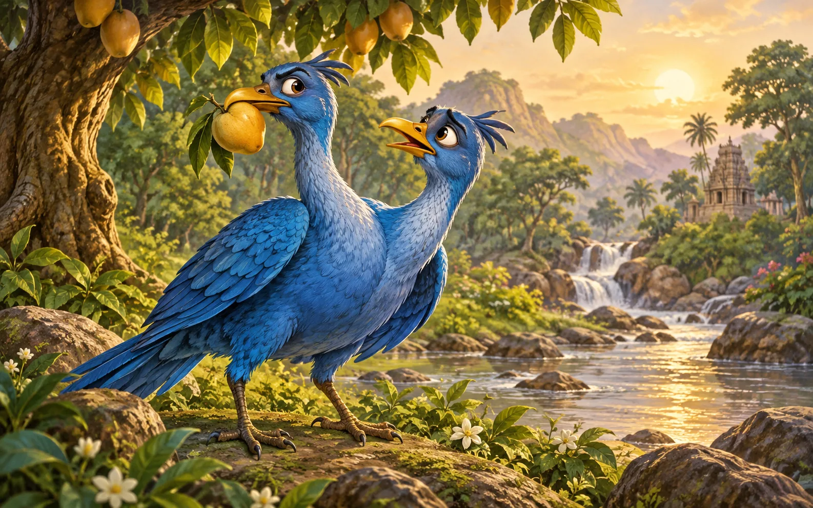 One head of Bharund eats the golden fruit while the other asks for a taste.