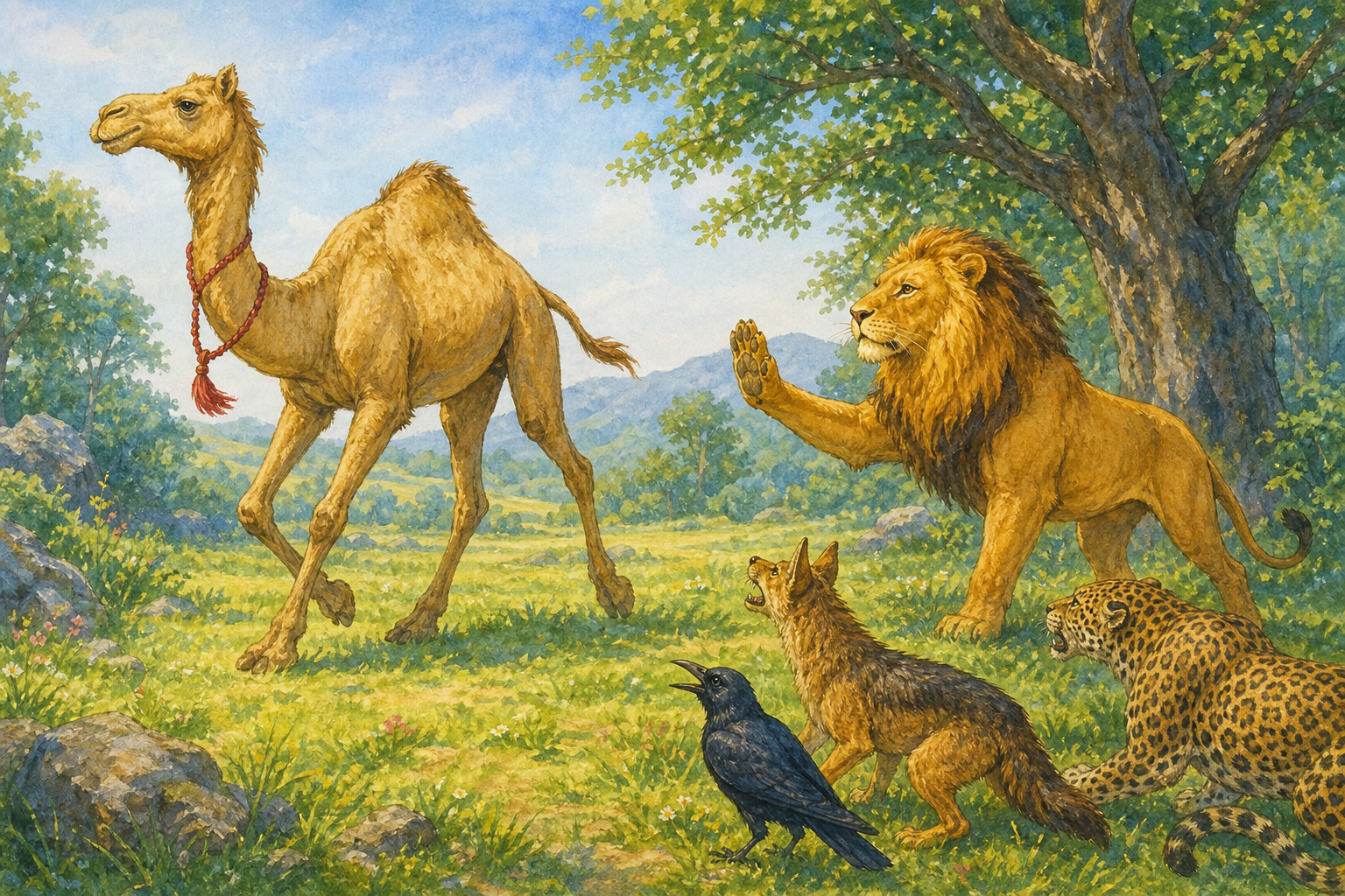 Ugly escaping across a sunlit meadow as Haughty stops the advisers and remembers his promise
