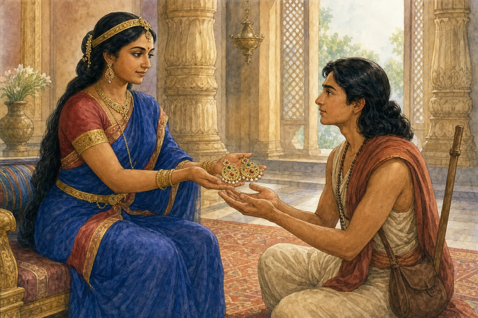 Queen Paushya places her brilliant earrings in Uttanka's hands and warns him about Takshaka
