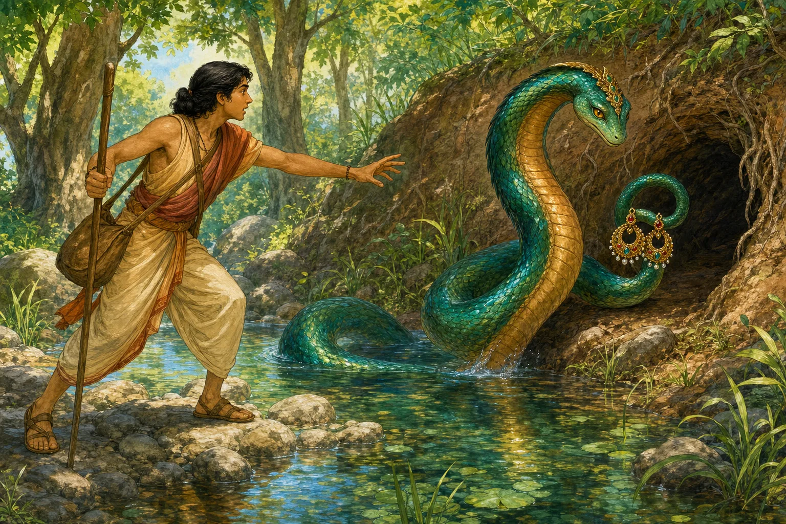 Uttanka stands at the empty spot where Takshaka vanished, resolving to recover the stolen earrings