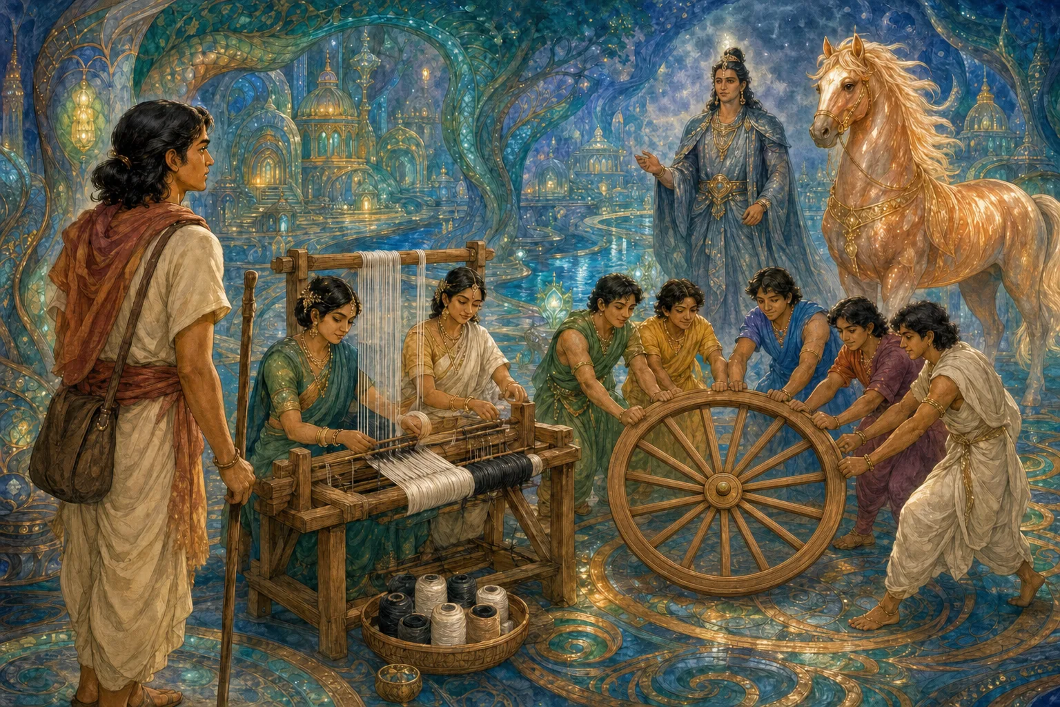 Uttanka asks the majestic man beside the horse for help recovering the earrings from Takshaka