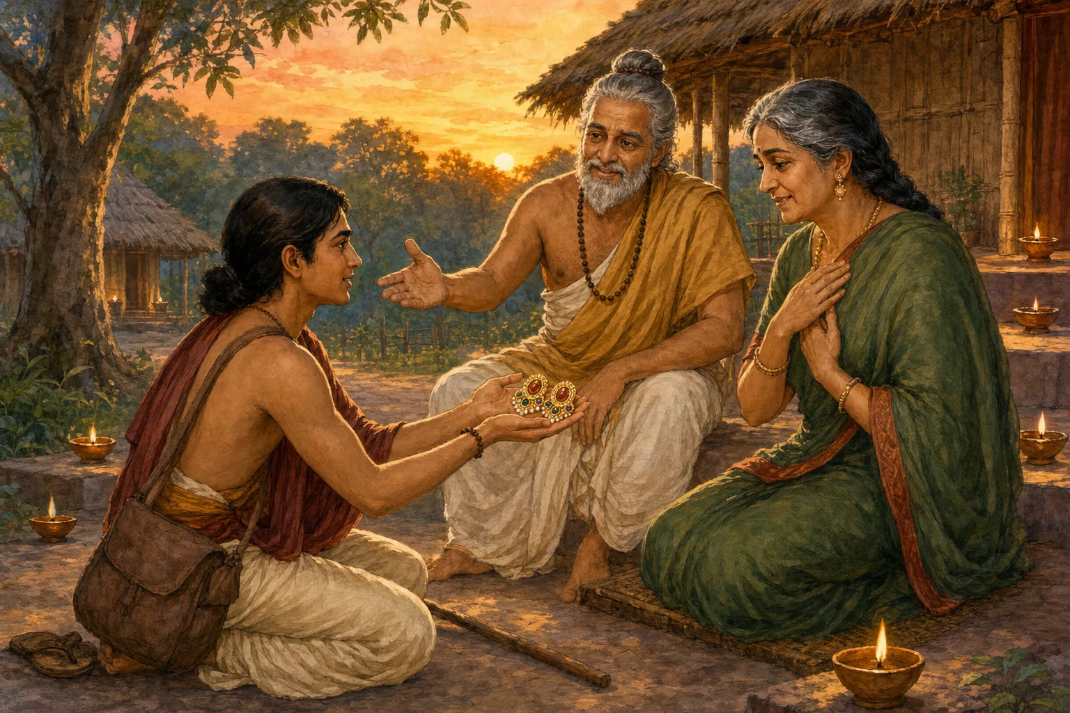 Uttanka bows and places the queen's earrings before Veda's wife just in time