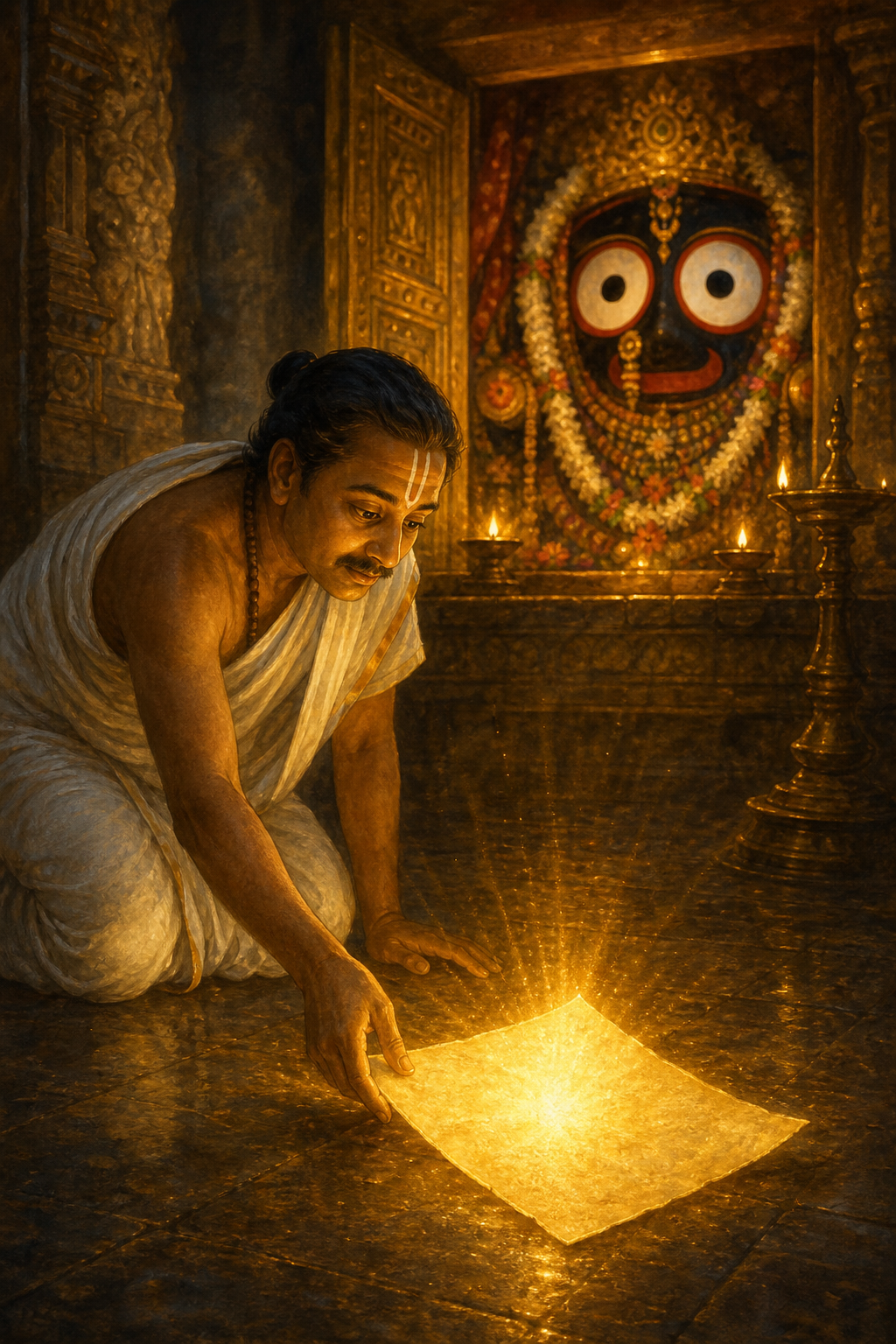 The priest discovers Vishnupriya's letter glowing with golden light