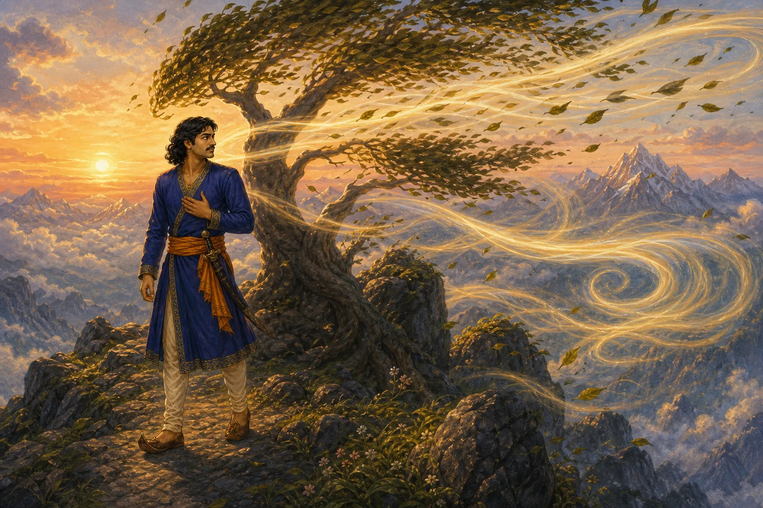 Amid the fierce mountain wind, Vikram bows in gratitude as the unseen Vayu grants his blessing instead of appearing in full force.