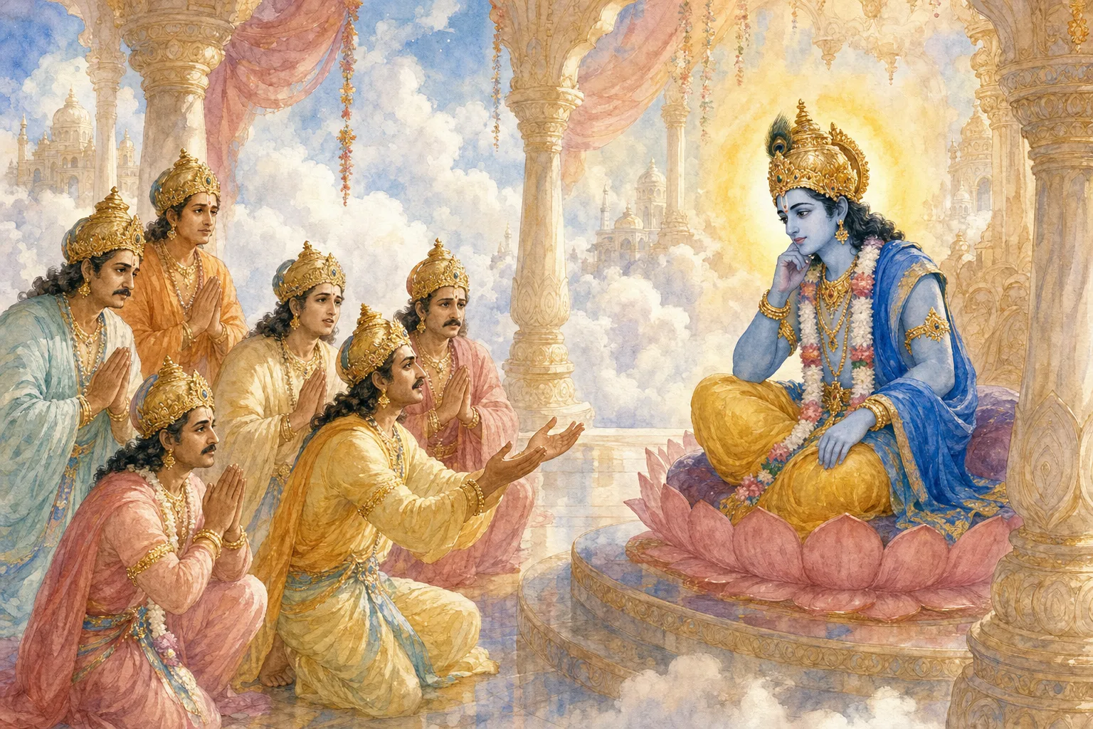 Lord Vishnu sits in deep thought after the worried devas beg him to stop Jalandhar