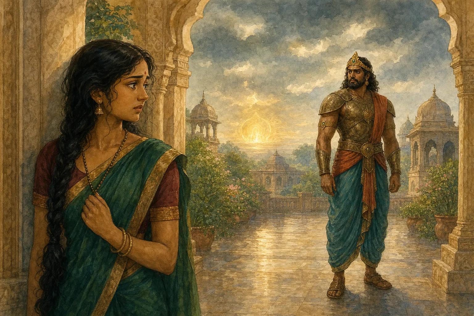 Lord Vishnu appears before Vrinda disguised as Jalandhar while the real Jalandhar falls in battle far away