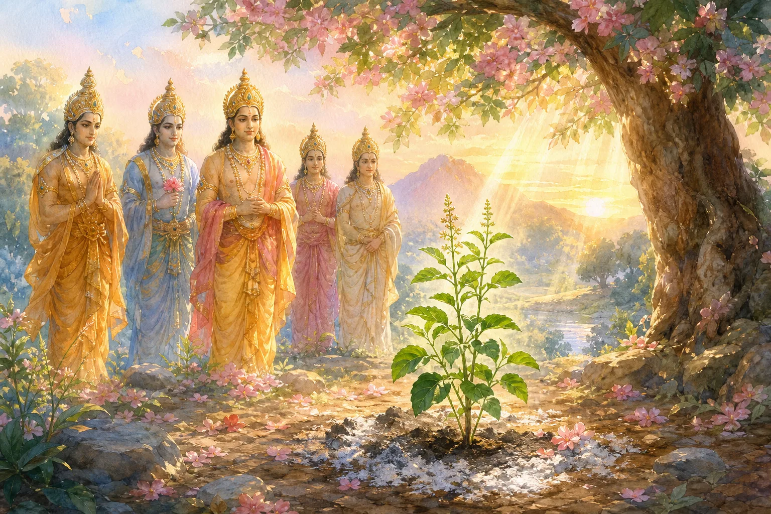 The devas recognize the small green plant grown from Vrinda's sacred ashes as Tulsi