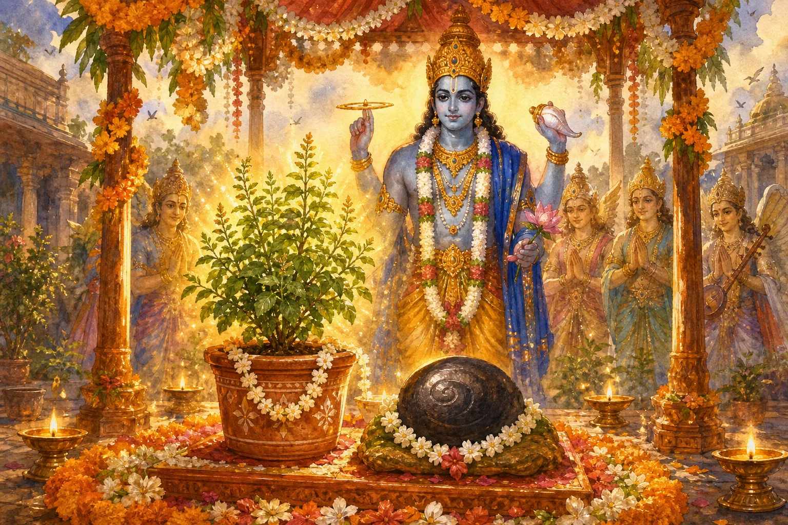 The devas conduct the sacred wedding of Tulsi and the Shaligram form, celebrated as Tulsi Vivah