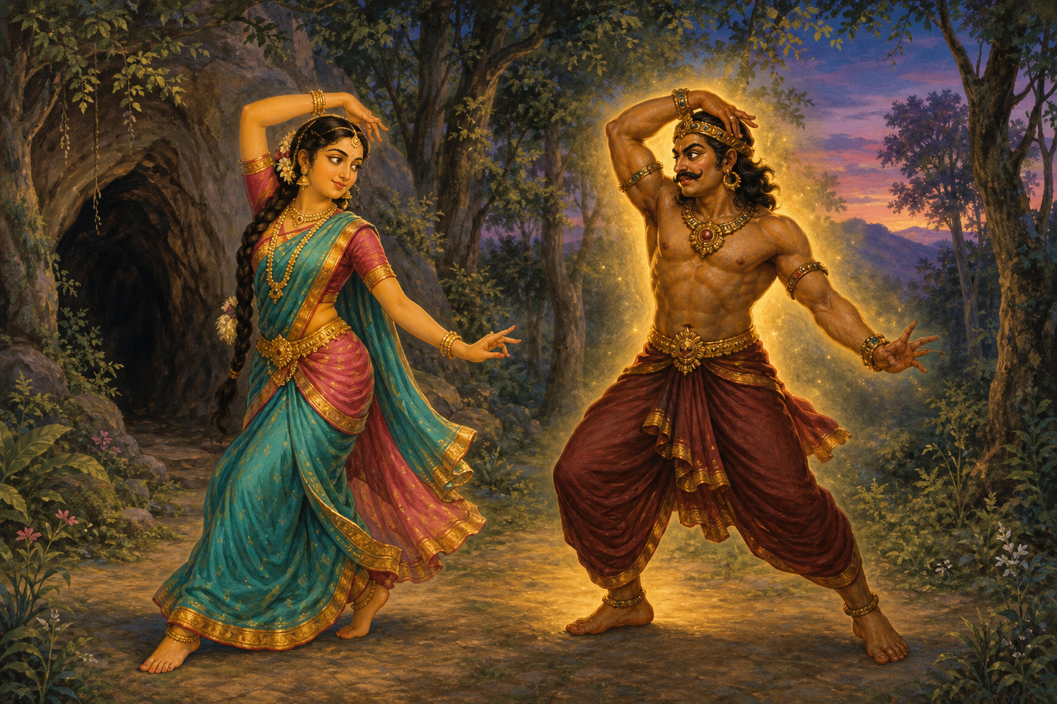 Mohini teaches Bhasmasura the fateful dance gesture near the Guptadham cave