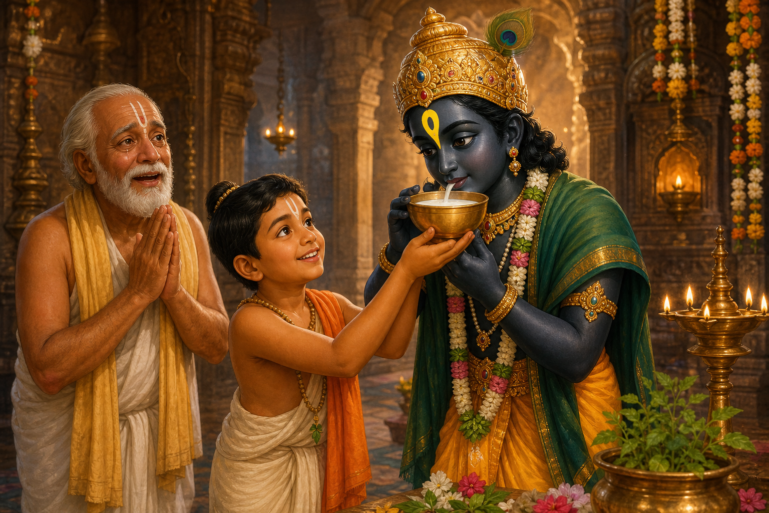 Vitthal accepts milk while young Namdev and his grandfather watch with joy