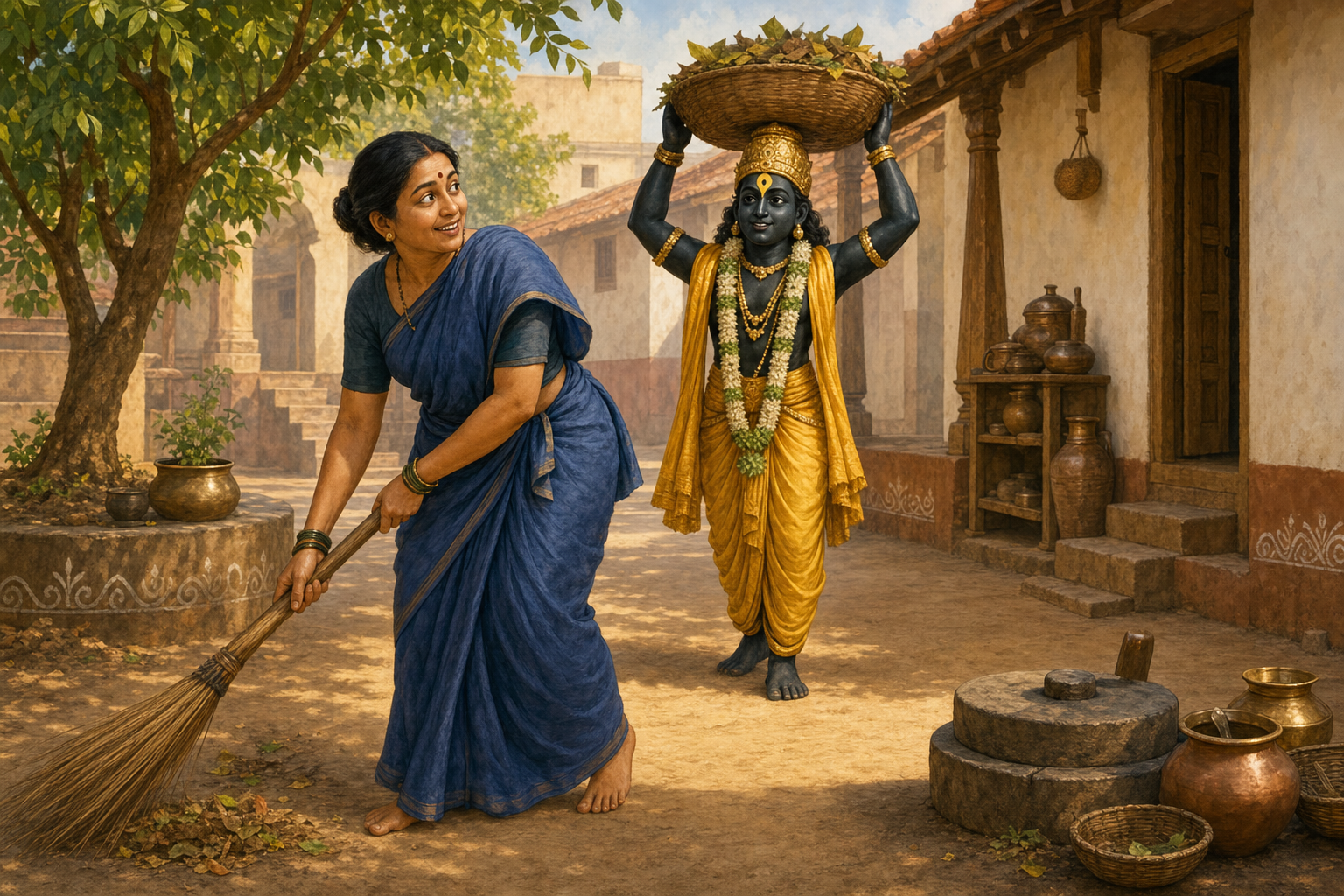 Janabai sweeps while Vitthal carries the basket