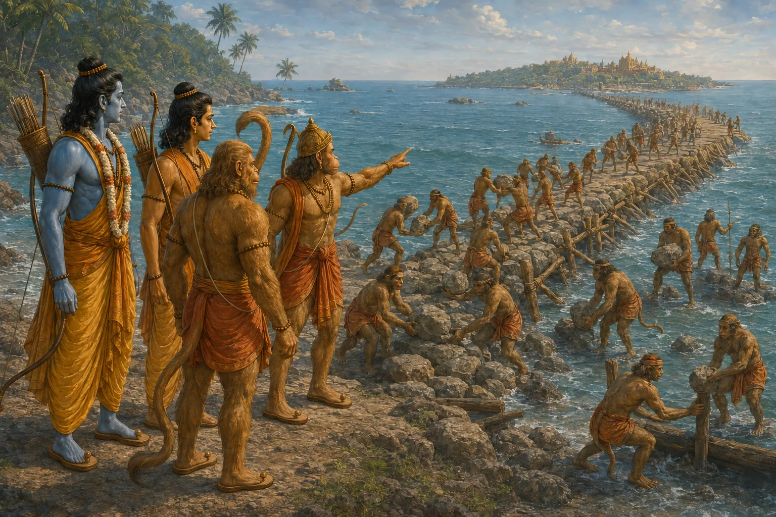 Vanaras carry trees and great boulders down to the shore as Nala directs the building of the causeway