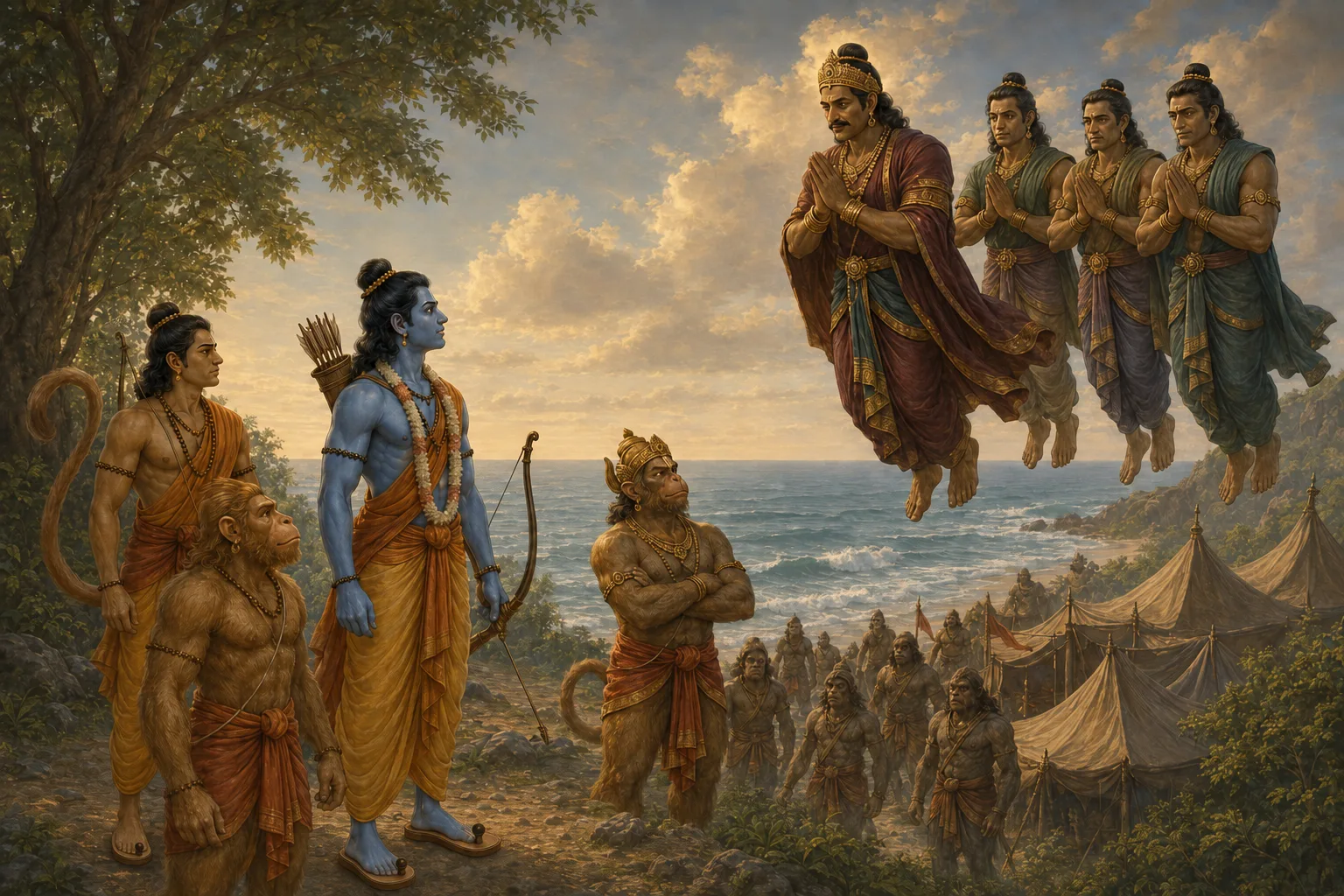 Vibhishana and four companions appear in the sky above Ram's camp, asking for refuge