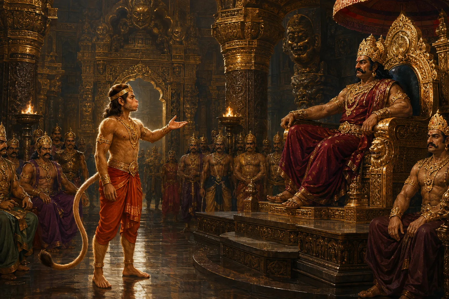 Angada stands alone before Ravana's throne in the great court of Lanka, delivering Ram's offer