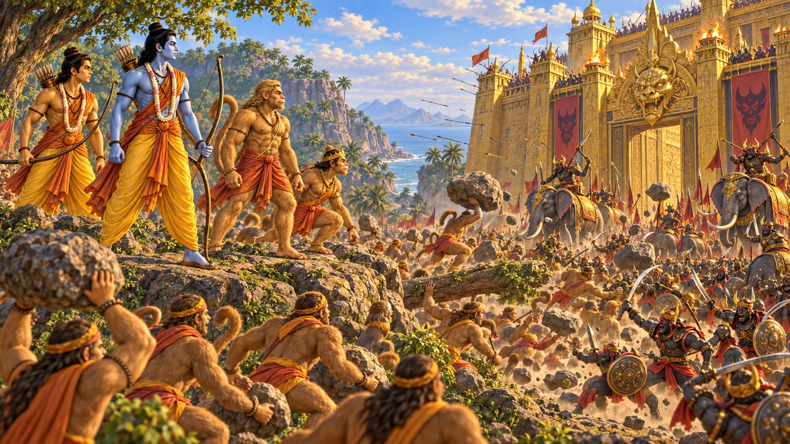 The vanara and rakshasa armies advance before Lanka's high gates while Ram and Lakshman hold their bows ready