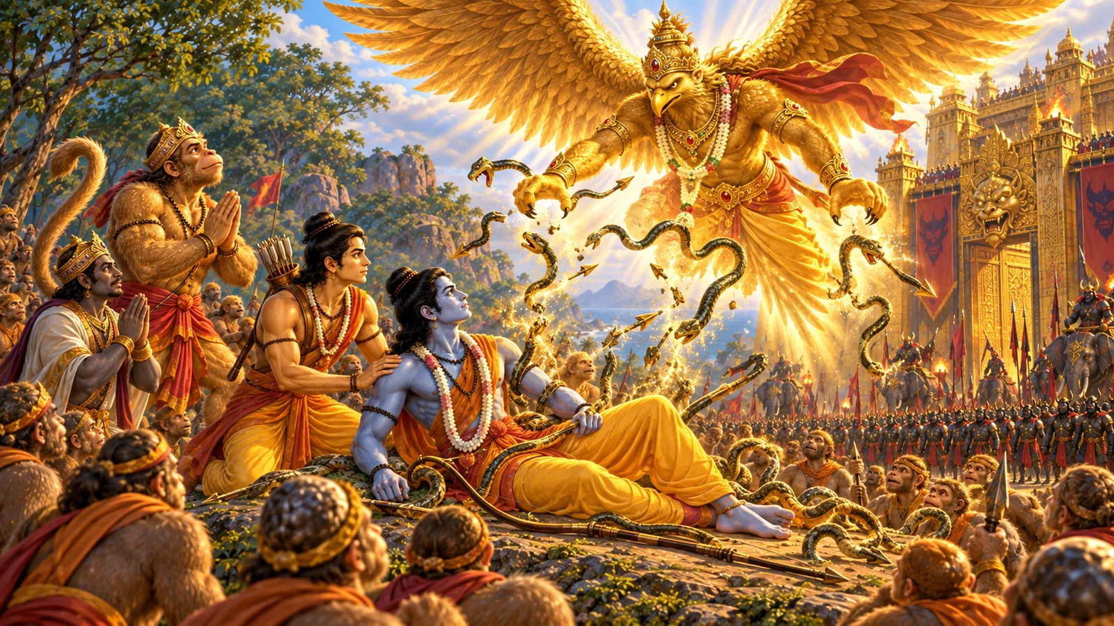 Garuda's arrival releases the serpent-arrows binding Ram and Lakshman as their anxious allies watch with hope