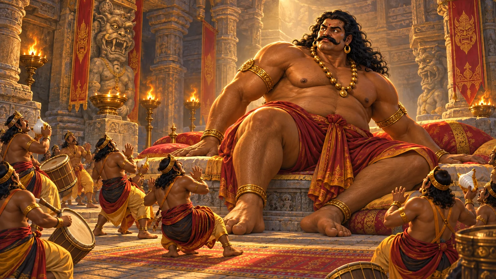 Rakshasas sound drums and conches in a vast Lankan chamber as they struggle to wake the sleeping Kumbhakarna