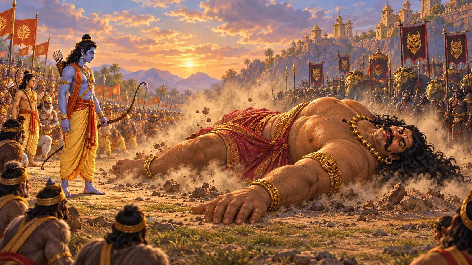 Kumbhakarna falls on the battlefield after Ram's final arrow as both armies pause around him