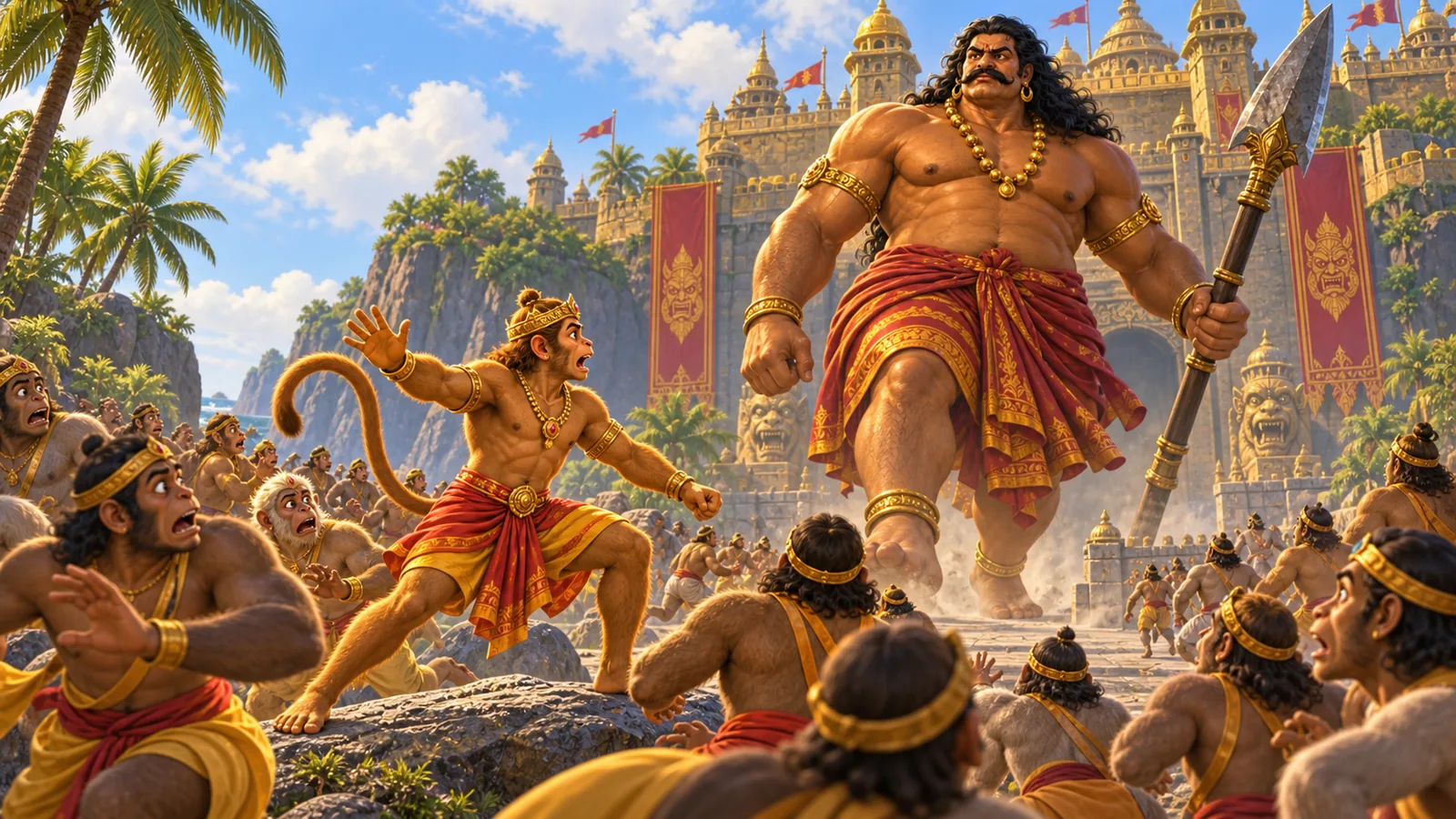 Kumbhakarna marches from Lanka with a massive spear while Angada signals the retreating vanaras to gather and return