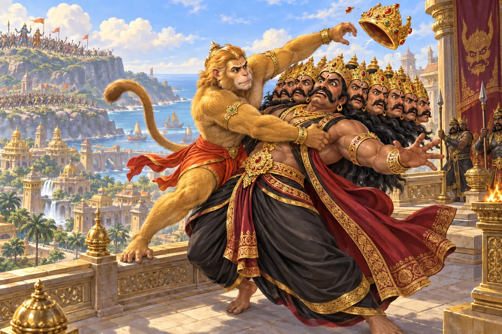 Sugriva leaps across to Ravana's high tower, knocking his crown away and seizing him in a fierce grip