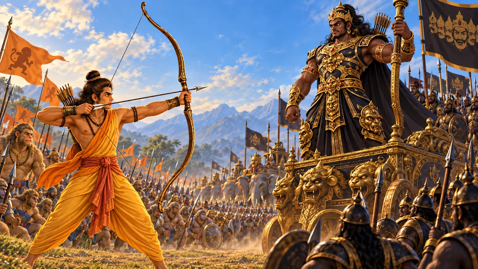 Lakshman draws his bow against the armoured Atikaya on a towering chariot while both armies watch from a distance