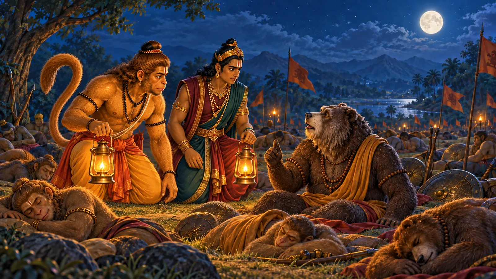 Hanuman and Vibhishana carry lamps across the night battlefield and find the wounded Jambavant among their fallen companions