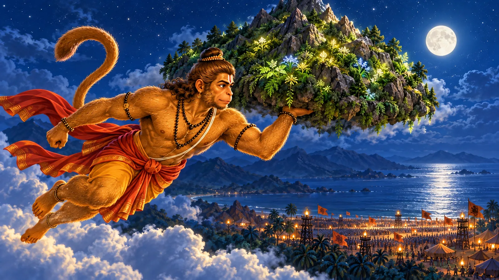 Hanuman flies through the night sky carrying the mountain peak of shining herbs back towards the battlefield