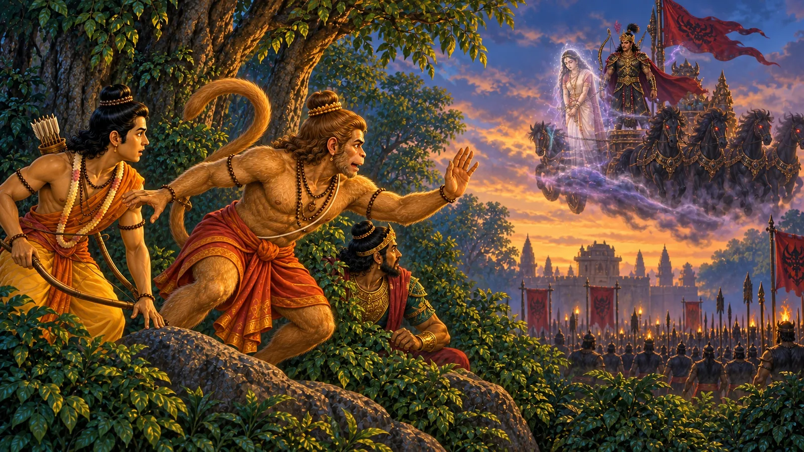 Hanuman signals the vanara force to withdraw cautiously after seeing Indrajit's illusion of Sita upon the chariot