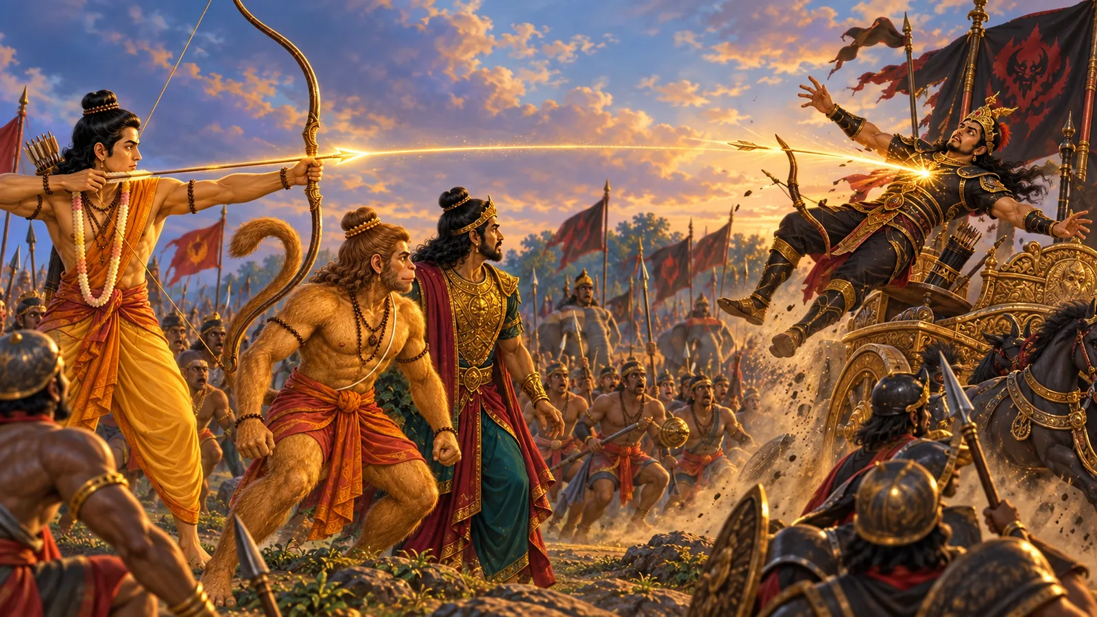 Lakshman's final arrow strikes Indrajit as Hanuman and Vibhishana stand firmly beside him on the battlefield