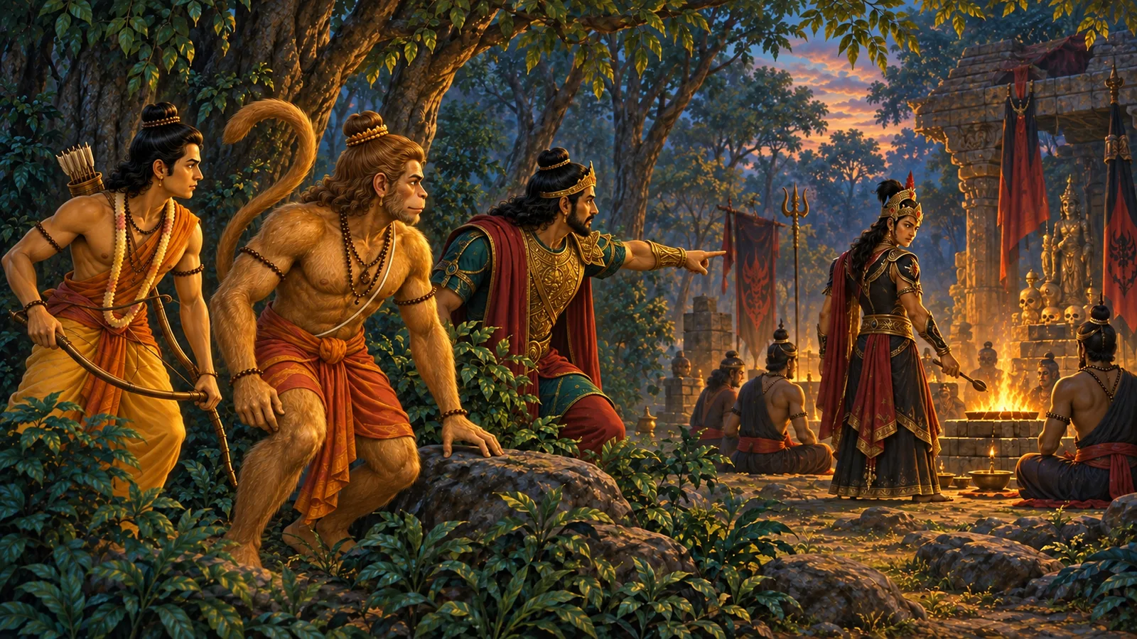 Vibhishana guides Lakshman and Hanuman through the woods towards Indrajit's unfinished fire rite at Nikumbhila
