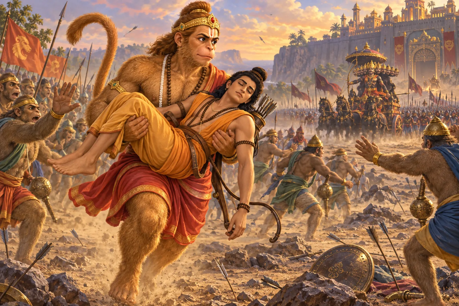 Hanuman carries the wounded Lakshman away from the battlefield after Ravana strikes him down