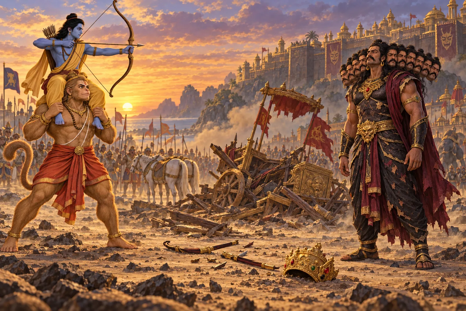 Ram, lifted on Hanuman's shoulders, stands with his bow drawn before Ravana's broken chariot and fallen crown