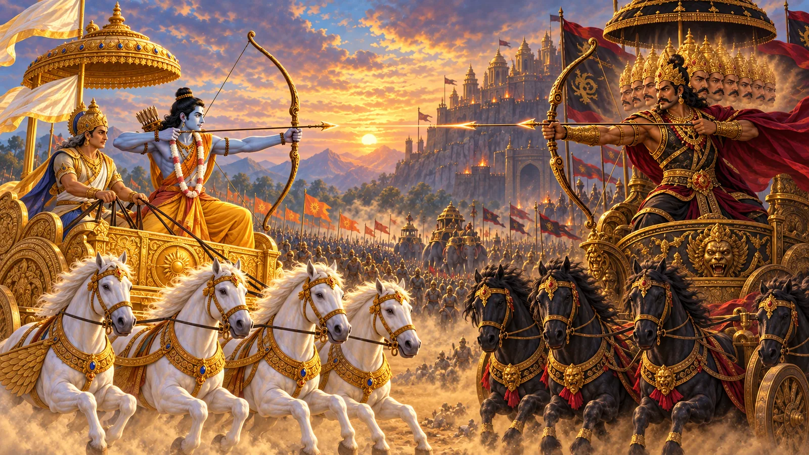 Ram upon Indra's chariot and Ravana upon his grand chariot exchange arrows in their final duel as Matali holds the reins
