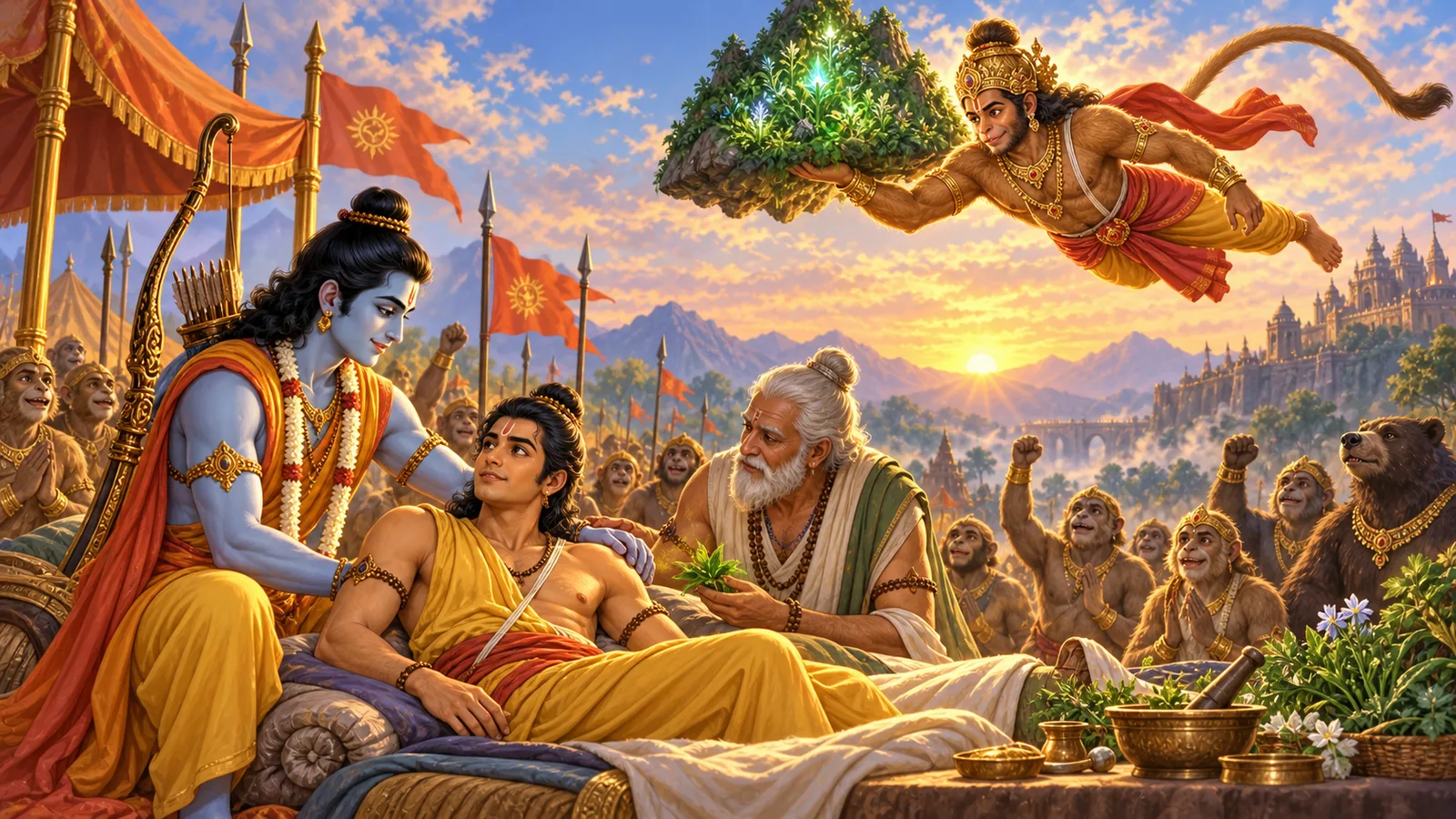 Hanuman returns carrying the whole shining mountain of herbs while Ram and Sushena wait beside the wounded Lakshman