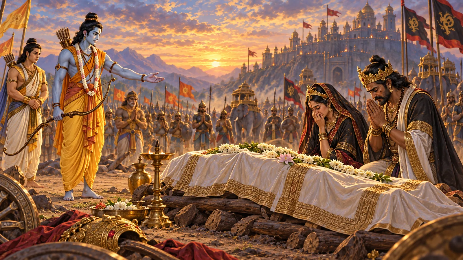 Vibhishana and Mandodari mourn beside Ravana while Ram respectfully directs that the funeral rites be prepared