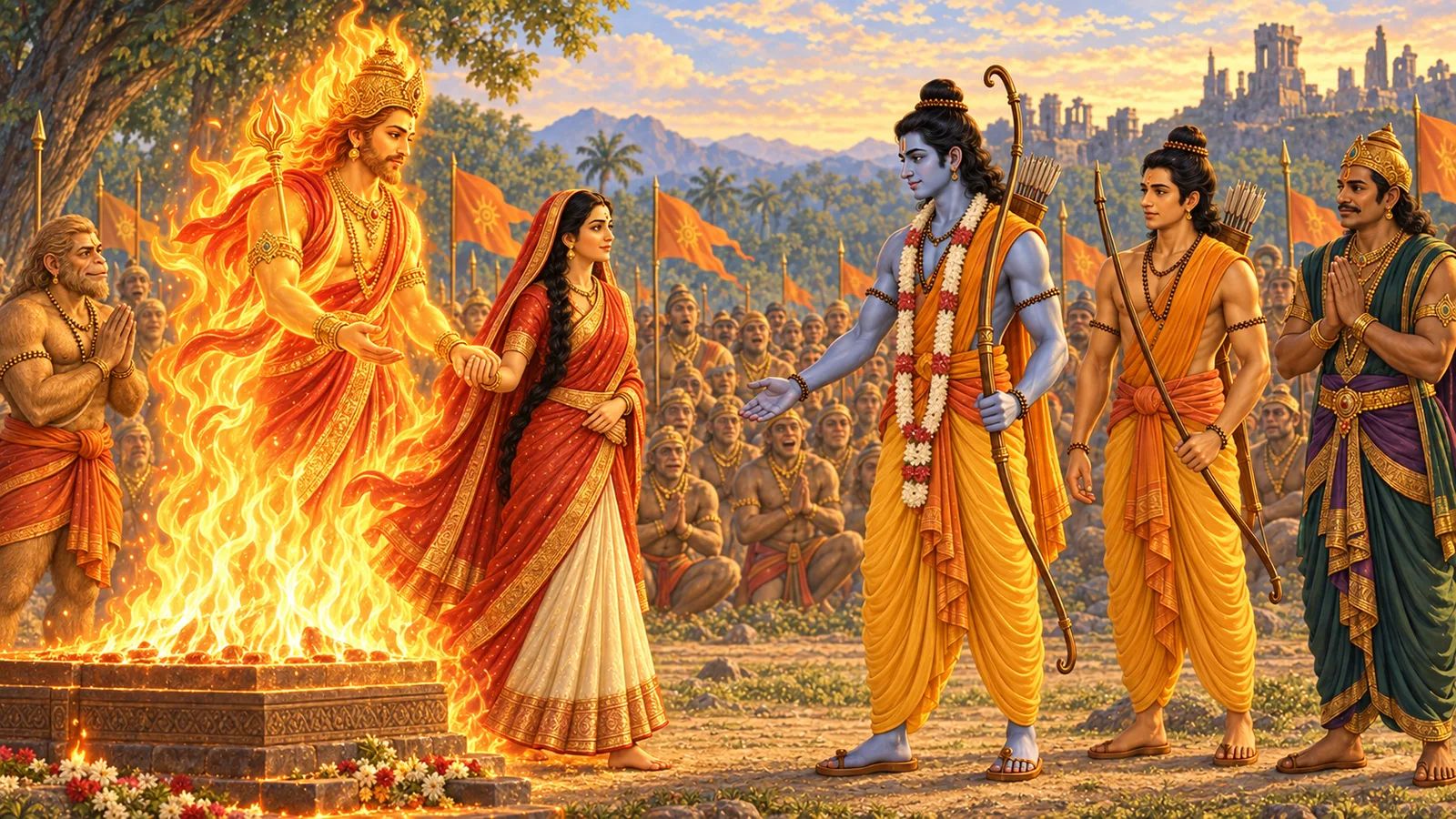 Agni brings the unharmed Sita from the fire and bears witness to her truth before Ram and the assembly