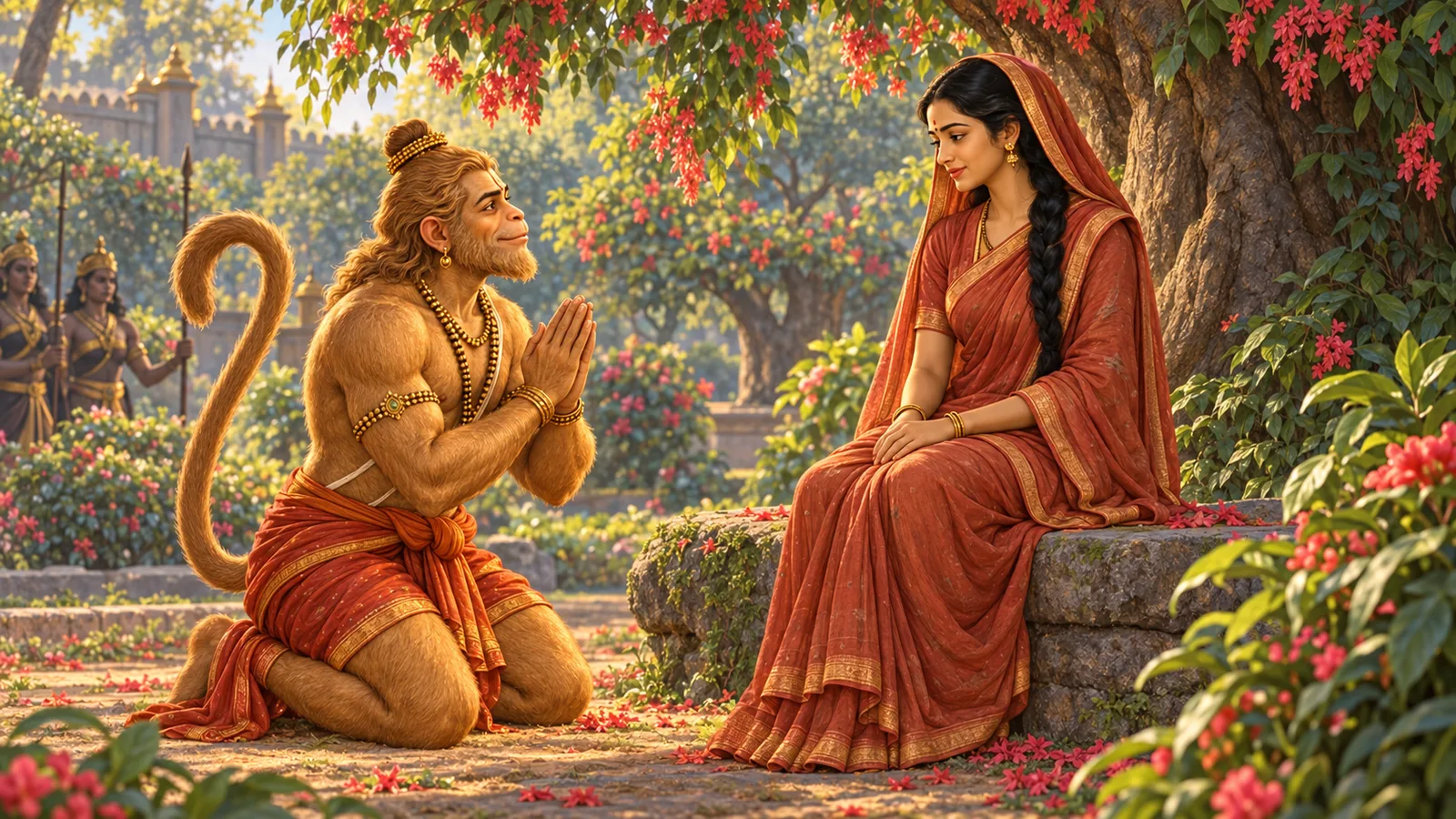 Hanuman brings news of victory in the Ashoka grove while Sita listens with quiet gratitude and folded hands