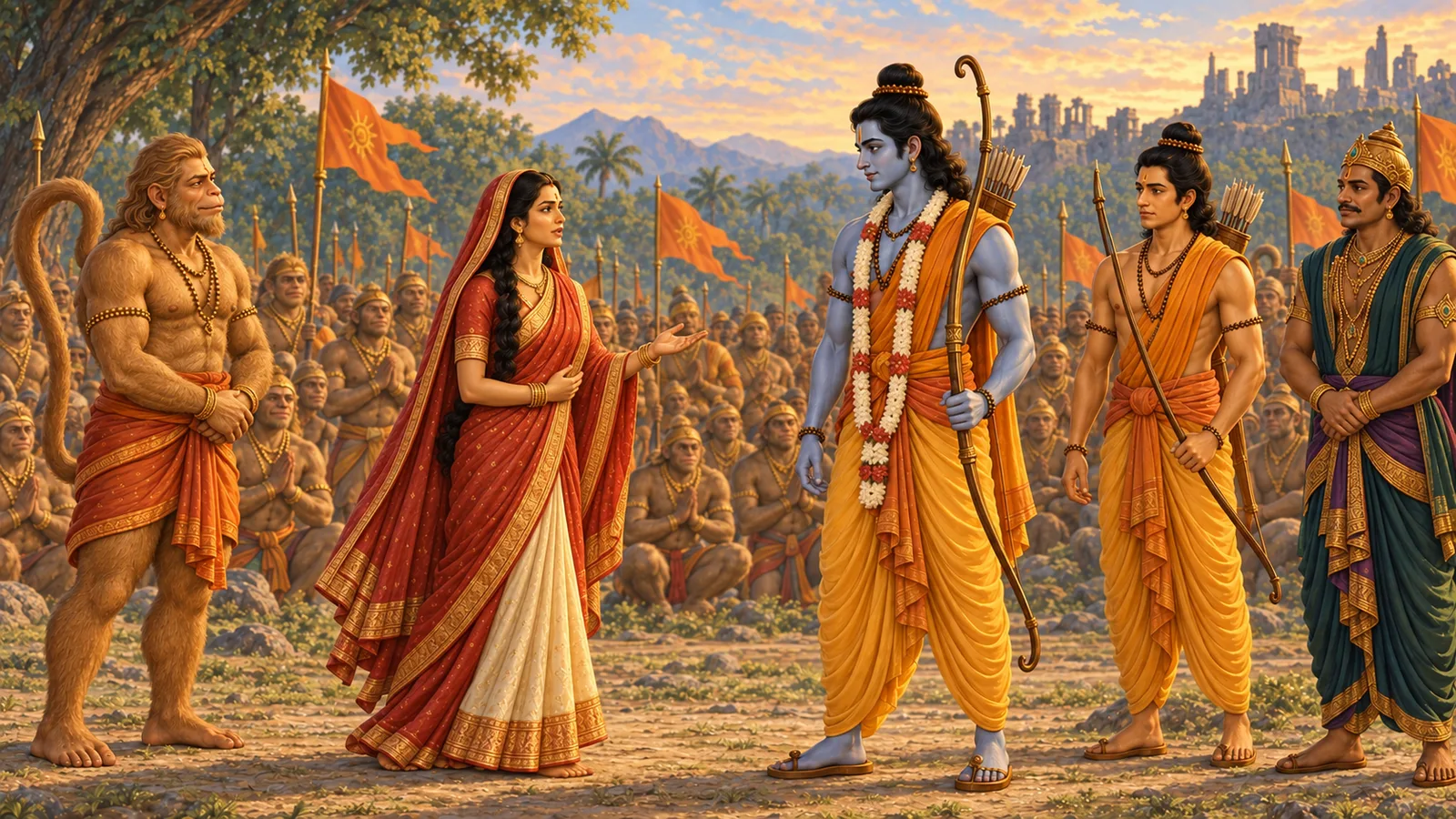 Sita stands firmly before Ram and answers him while Lakshman, Hanuman, and Vibhishana listen in grave silence