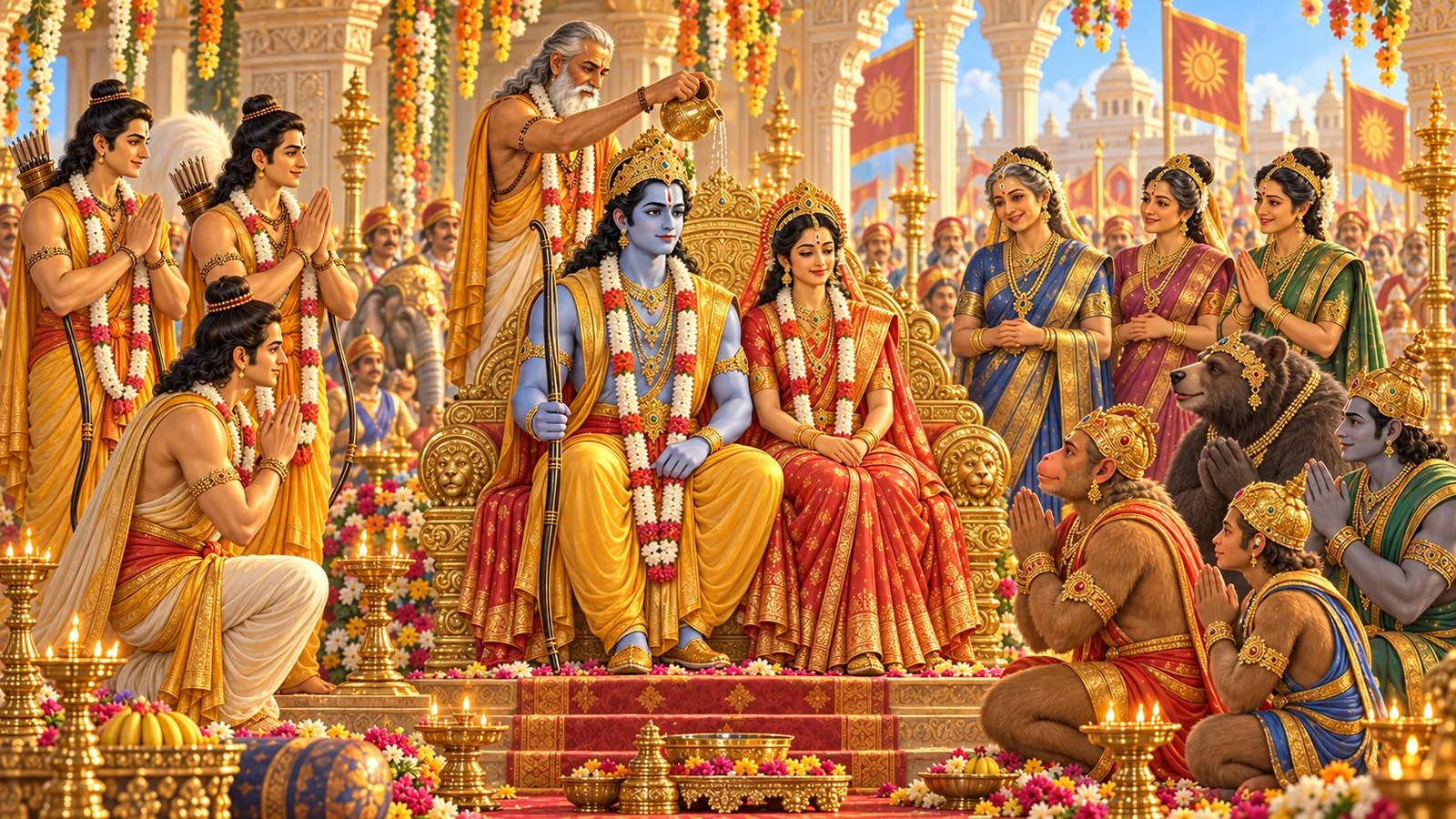 Ram and Sita receive the coronation in Ayodhya's grand hall while their brothers, mothers, and closest companions stand near